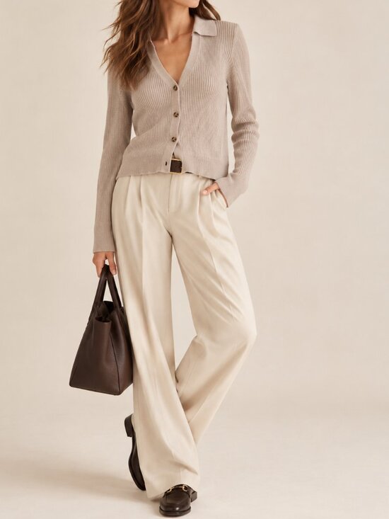 Sweaters - Cream Ribbed Knit V-Neck Marled Cardigan Sz M